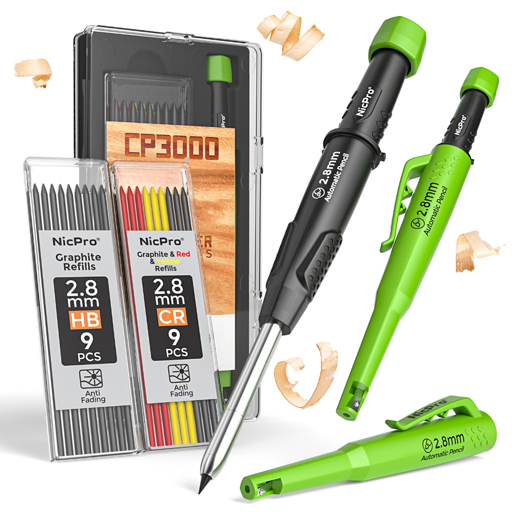 Bút chì thợ mộc Nicpro có máy mài, Bút chì cơ khí thợ mộc CP3000 với 19 lần nạp lại, đánh dấu lỗ sâu