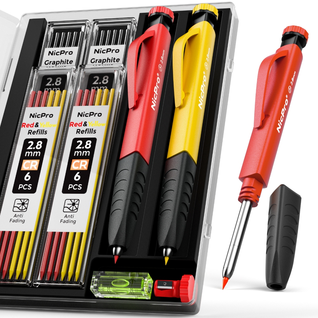 Bộ bút chì thợ mộc 2 gói Nicpro có máy mài & tay cầm, bút chì chế biến gỗ cơ khí với 26 lần nạp lại 