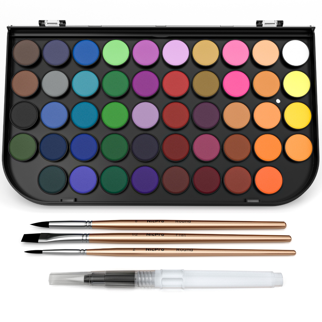 Bộ sơn màu nước Nicpro, Bộ 48 màu nước với 3 cọ vẽ, bảng màu, bút màu nước, đồ dùng vẽ tranh không đ