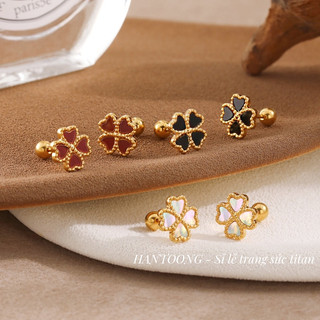  Bông tai titan nữ không gỉ mạ vàng 24k thiết kế hình cỏ 4 lá thời thượng 
