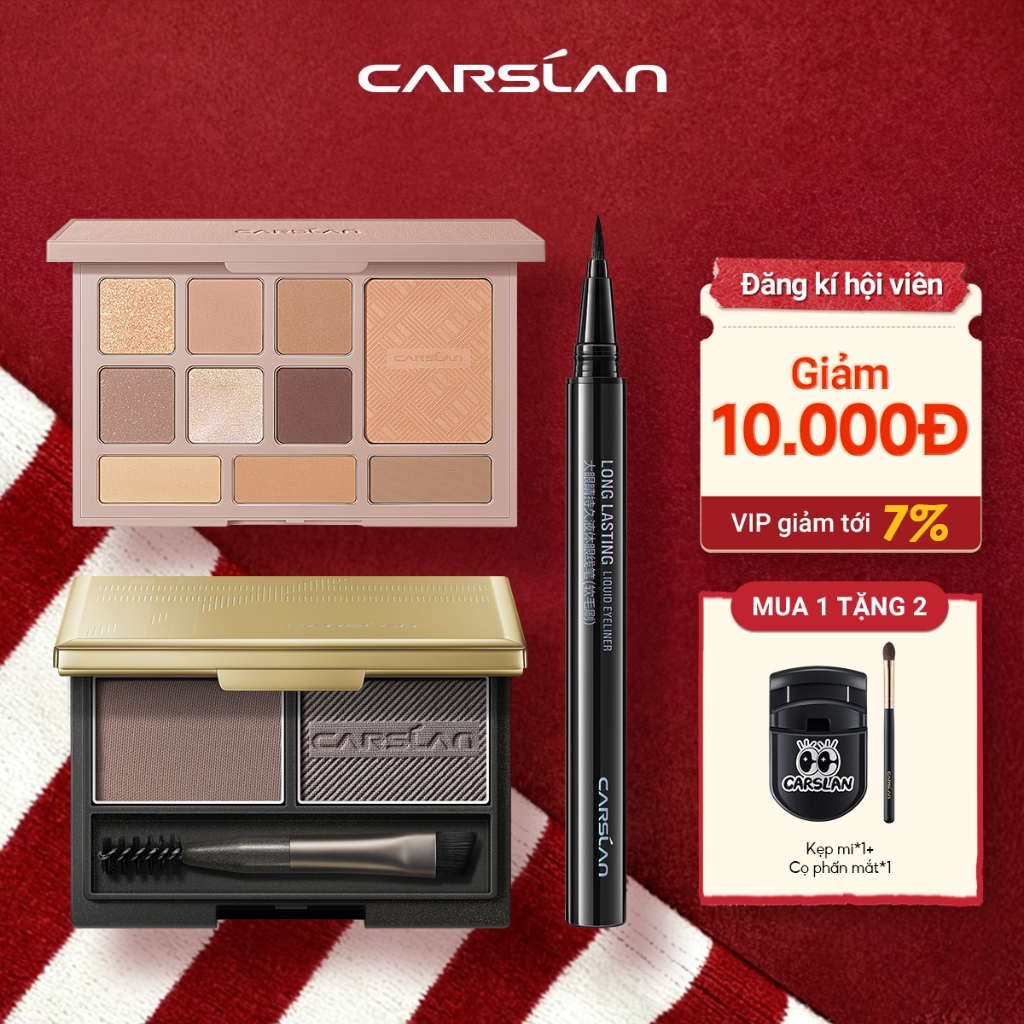 【Combo】Carslan 10 màu Phấn mắt 12g + Bút kẻ mắt dạng lỏng màu đen 2ML + 2 màu Phấn kẻ mày 3g