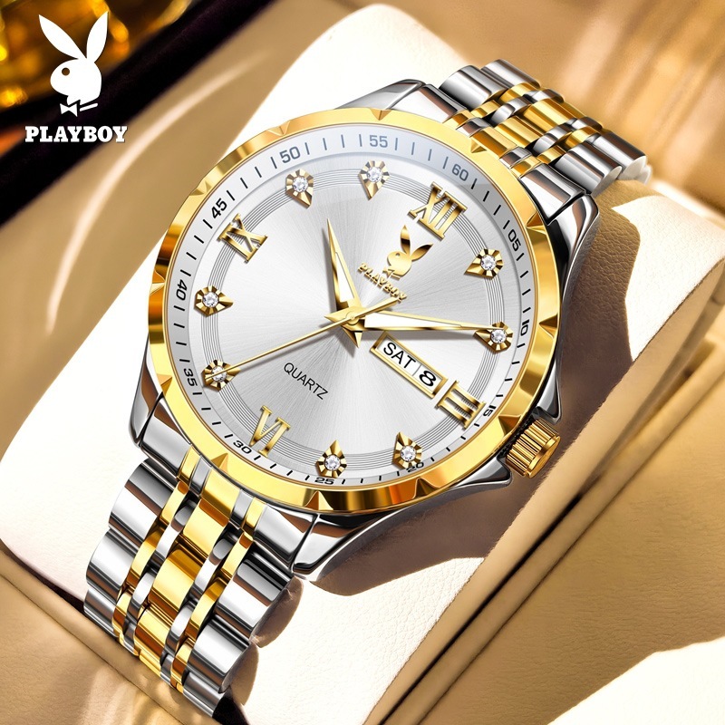 Playboy 3098 Thương Hiệu Đồng Hồ Lịch Kép Dạ Quang Chống Thấm Nước Kim Cương Kẻ Sọc Đồng Hồ Tiếng An