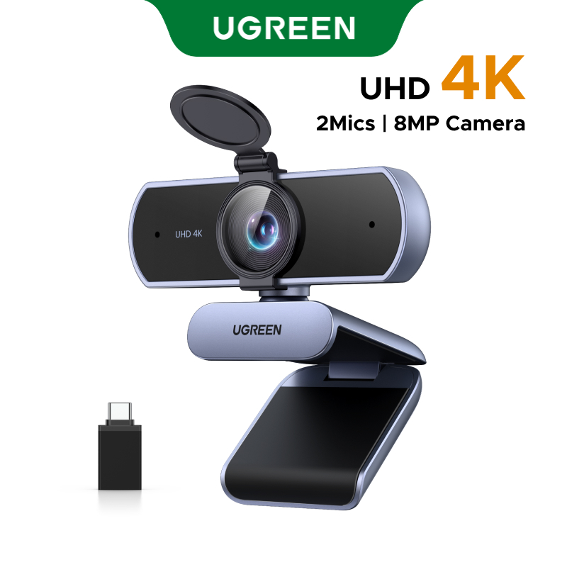 Webcam UGREEN 4K/2K/1080P cho PC Ultra HD 30FPS Web Camera có micrô, Vỏ bảo mật, 70° Fov, PDAF Tự động lấy nét, Bộ chuyển đổi USB A và USB C, Plug & Play, để phát trực tuyến, hội nghị