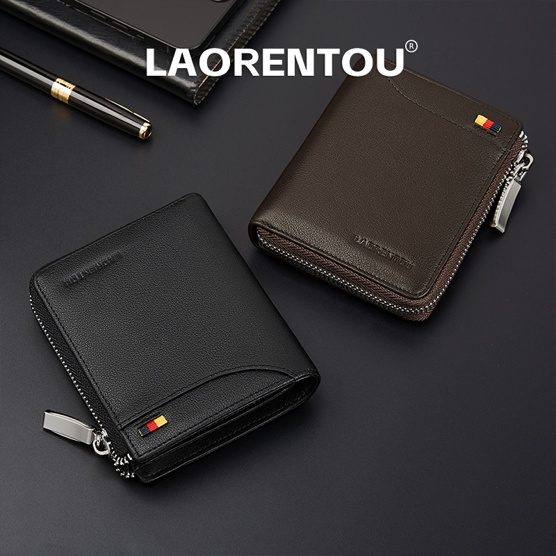 LAORENTOU Ví nam ngắn da thật đa năng khóa kéo an toàn nhiều thẻ tùy chọn ví xu, phong cách business