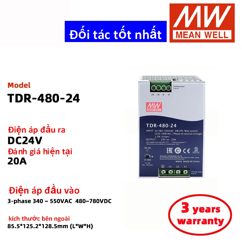 MEAN WELL TDR-480-24 DC24V 20A TDR-480-48 DC48V 10A 3 pha 340 ~ 550VAC Chuyển mạch Nguồn điện Meanwe