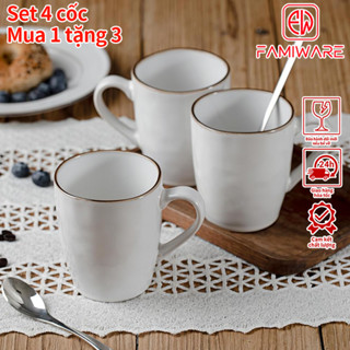  Famiware Combo 4 cốc gốm cốc cà phê Aurora Cốc cà phê Espresso Miệng rộng Cốc đa năng trong ngọc trai Hồ trắng Xanh Lò vi sóng an toàn 415ml 