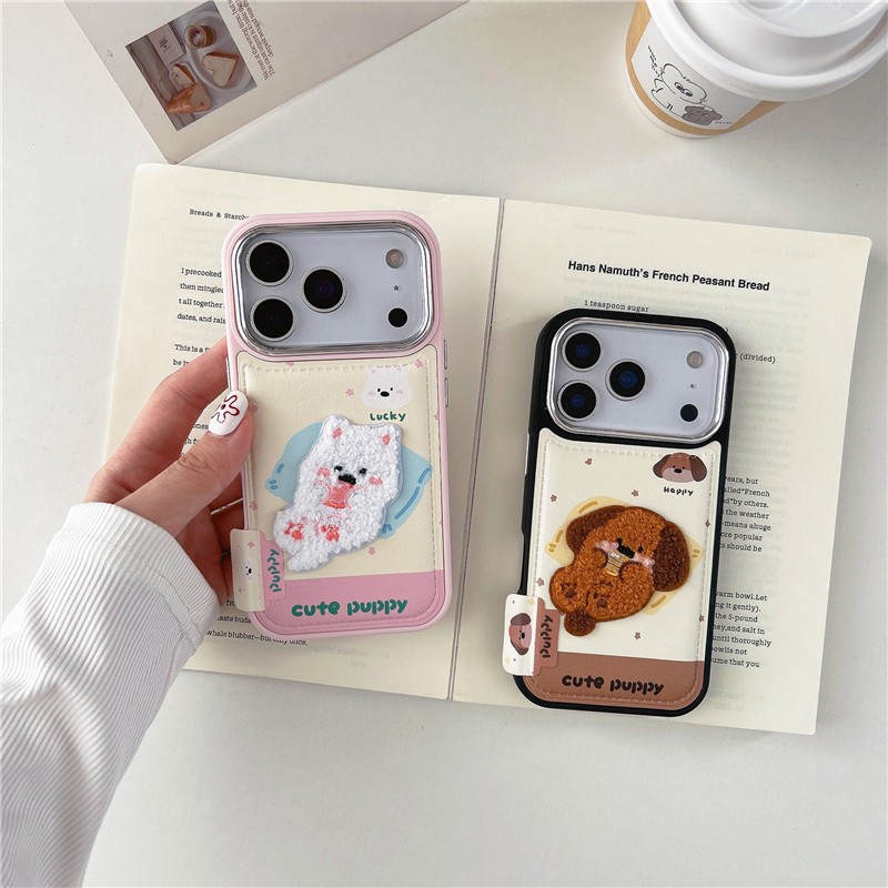 IPhone 17 Pro max 16 Pro max Gối mèo họa tiết chó con Vỏ điện thoại chất liệu PU