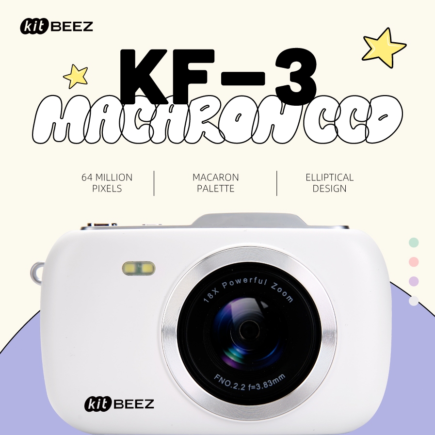 Camera CCD màu Macaron KiTBEEZ KF-3 Camera kỹ thuật số 64MP Video 4K Zoom 18x với bộ lọc Flash 4 màu tích hợp, Nhãn dán & vòng tay miễn phí