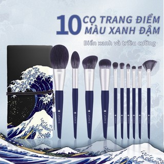 Bộ 10 cọ trang điểm màu xanh đậm Bàn chải trang điểm chuyên nghiệp lông mềm chất lượng cao 