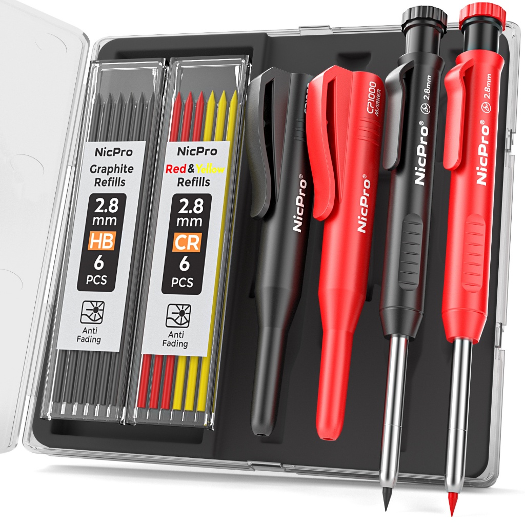 Bộ bút chì thợ mộc Nicpro 2 chiếc, Bộ bút chì cơ khí 2,8mm kèm nắp bảo vệ bút chì được sử dụng để đá