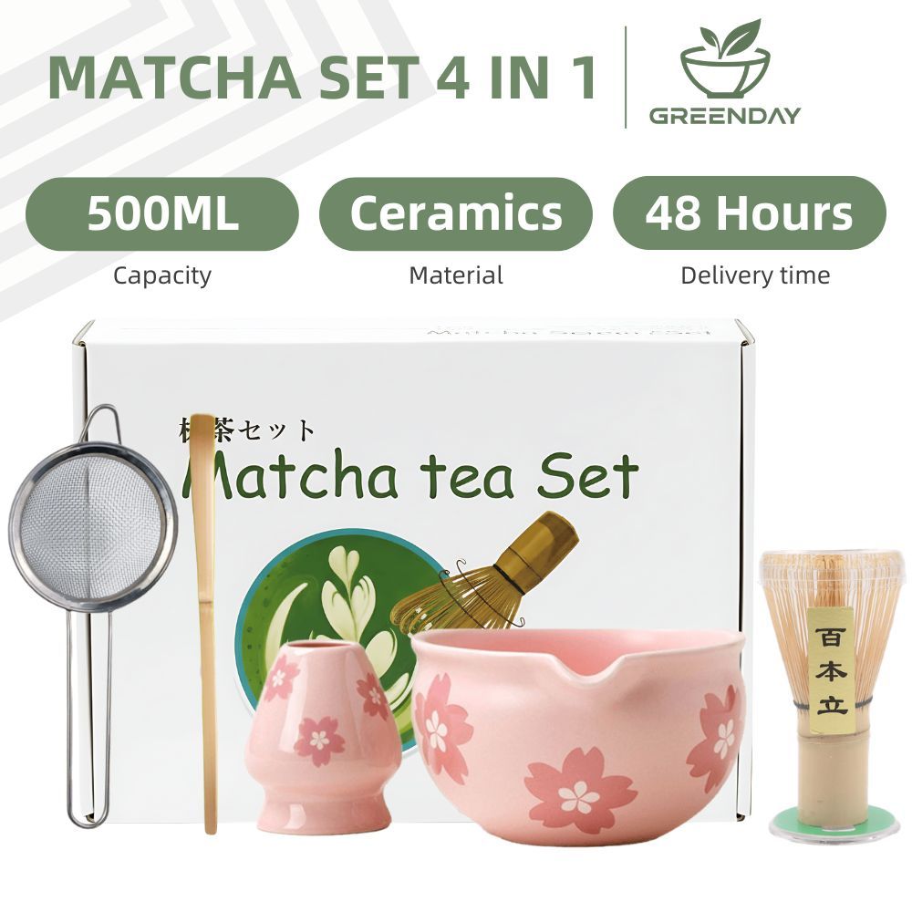 Bộ Combo 5 Dụng Cụ Pha Matcha Mầu Hồng Hoa, Chawan Matcha 500ML, Bộ Pha Matcha