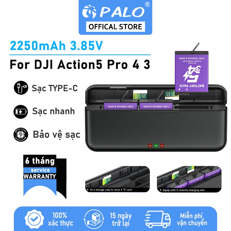 PALO Pin máy ảnh For DJI Osmo Action 5Pro 4 3 dung lượng 2250mAh và Bộ sạc ba khe sạc nhanh