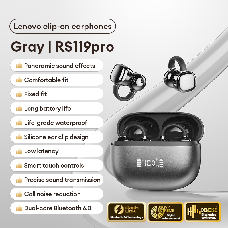 Tai nghe Bluetooth Lenovo RS119Pro và Tai nghe kẹp tai mở có Bluetooth 6.0 và 30ms Độ trễ thấp để chơi game cộng với 3,5g Thoải mái nhẹ | BigBuy360 - bigbuy360.vn