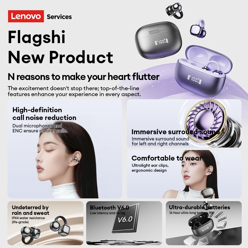 Tai nghe Bluetooth Lenovo RS119Pro và Tai nghe kẹp tai mở có Bluetooth 6.0 và 30ms Độ trễ thấp để chơi game cộng với 3,5g Thoải mái nhẹ | BigBuy360 - bigbuy360.vn