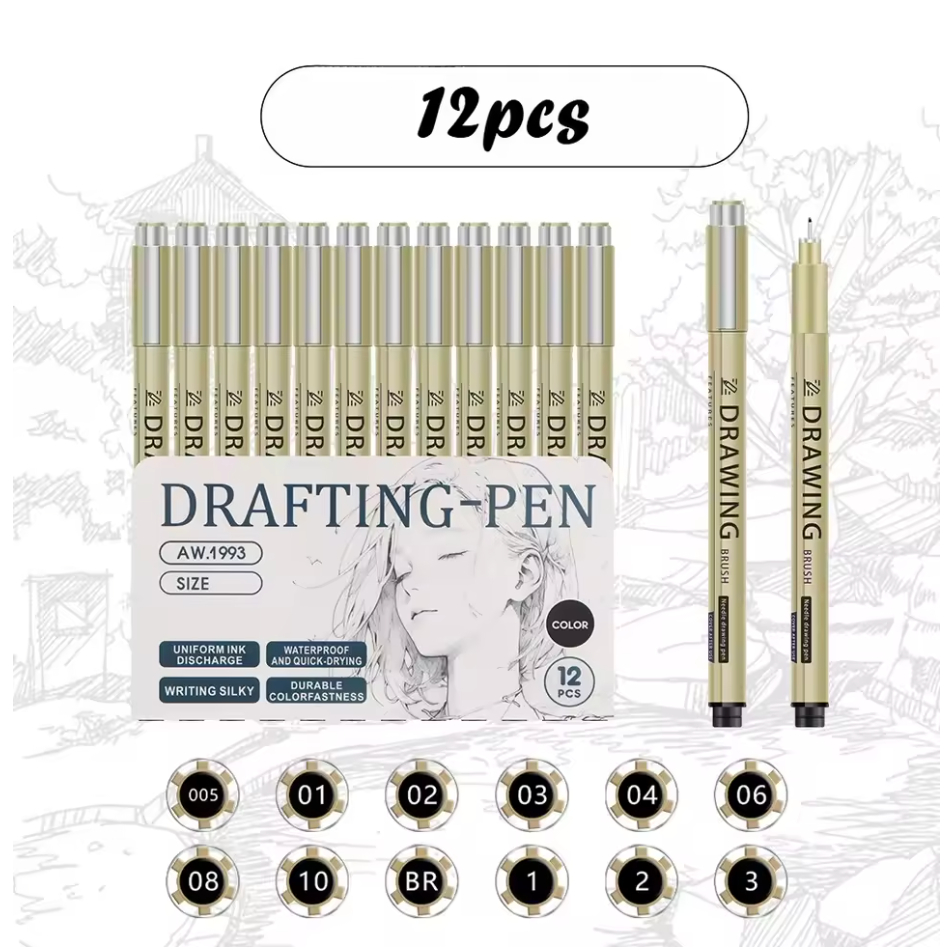 12PCS Bộ bút Micron Liner Pigment 6/9/12pcs - Bút soạn thảo cho nghệ thuật vẽ, phác thảo, vẽ kiến trúc - Nghệ thuật & Nhà trường