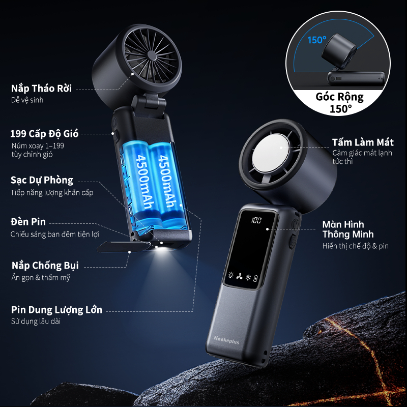 TiankePlus Quạt Cầm Tay Có Sò Lạnh 6 trong 1 TF50 Max – Gió Turbo Mạnh, Gấp Gọn, Quạt Mini Sò Lạnh, Quạt Tích Điện Mini Pin 9000mAh, Có Sạc Dự Phòng & Đèn Pin