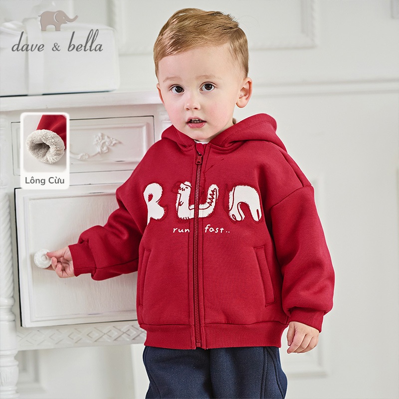 Dave Bella 9M-9Y áo khoác hoodie đỏ lông cừu bé trai zip áo cadigan ấm dày mùa thu đông DB4254878