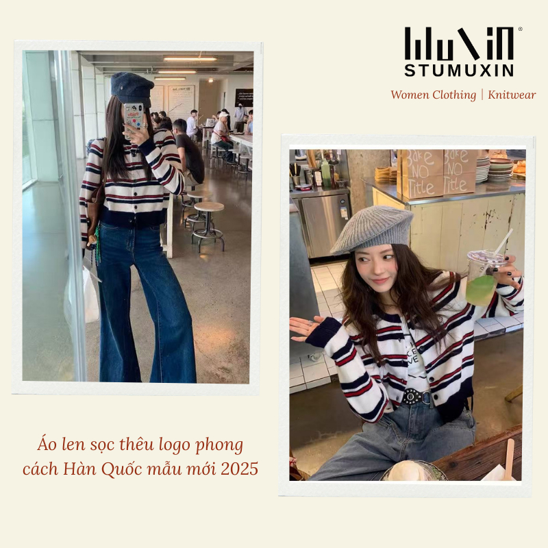 【Hàng Mới Có Sẵn】MUXIN Thu 2025 Áo Len Sọc Thêu Chú Chó Dễ Thương Hàn Quốc Dài Tay Cho Nữ