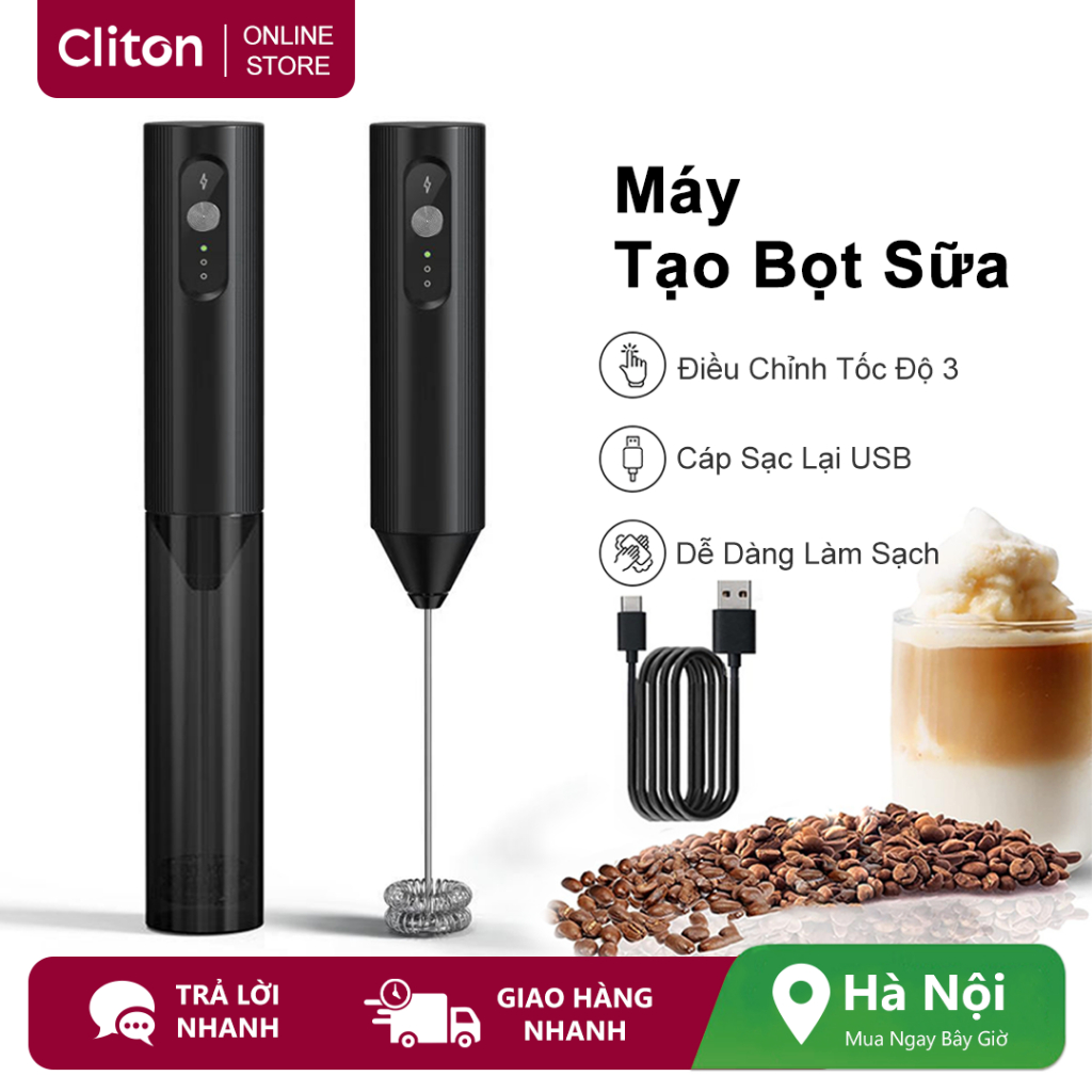 Máy tạo bọt sữa điện Cliton Máy tạo bọt cà phê USB có thể sạc lại Điều chỉnh 3 tốc độ cho cà phê, lưới, Cappuccin