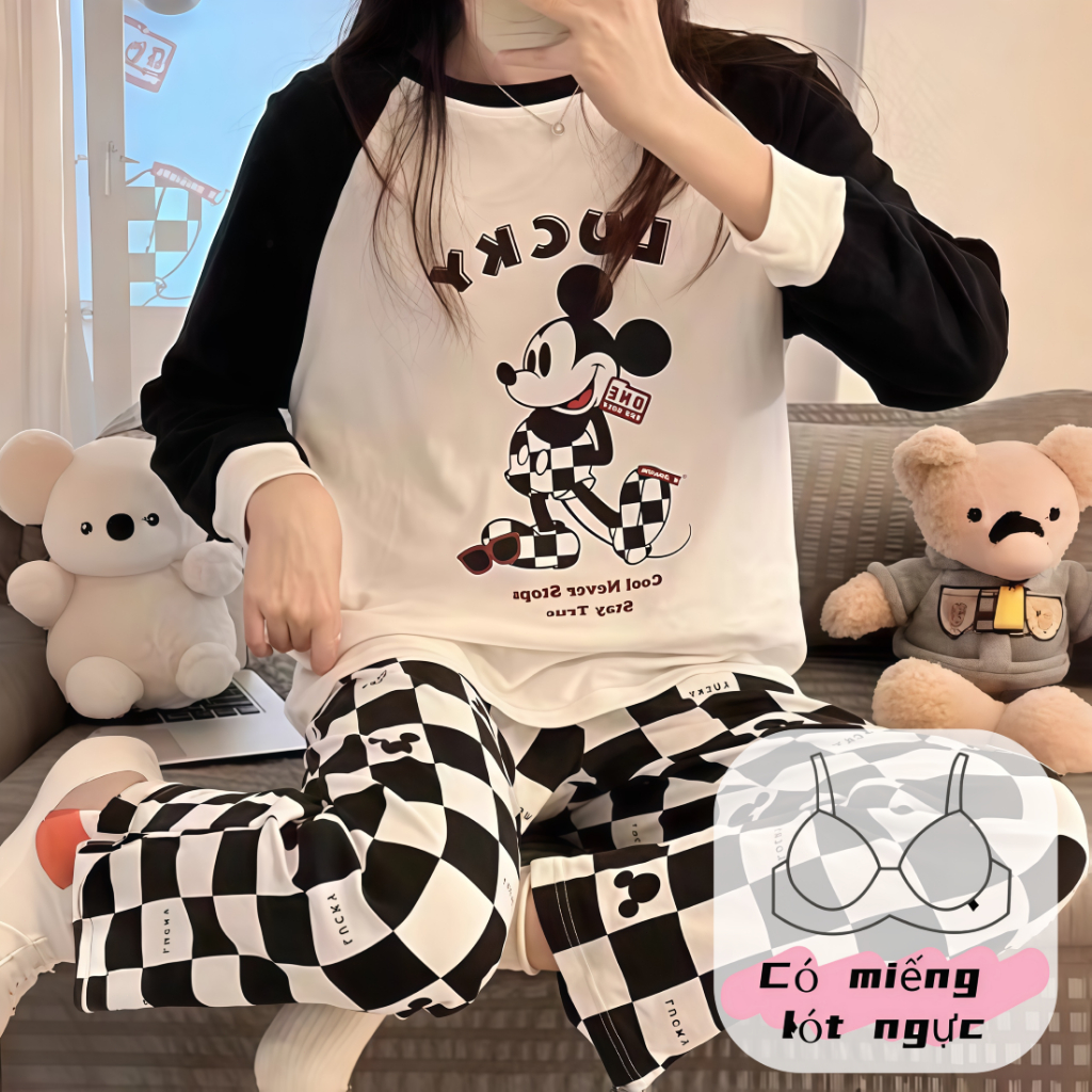 【Có miếng đệm ngực】Bộ Pyjama Nữ Thu Đông, Áo Dài Tay Cổ Tròn & Quần Dài Có Đệm Ngực - Chất Liệu Mềm,
