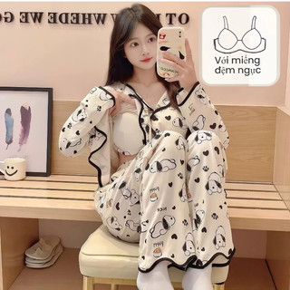  Đồ Ngủ Nữ 2 Mảnh Có Đệm Ngực Chạy Bán Chạy - Tay Dài Ấm Áp Cho Thu Đông - Form Rộng Thời Thượng & Cao Cấp - Mặc Nhà Thoải Mái  Áo + Quần  