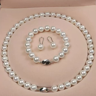  Bộ Trang Sức Vòng Cổ Vòng Tay Bông Tai Ngọc Trai Set Nhẫn Vỏ Sò Tự Nhiên Màu Trắng Đính Dây Chuyền 