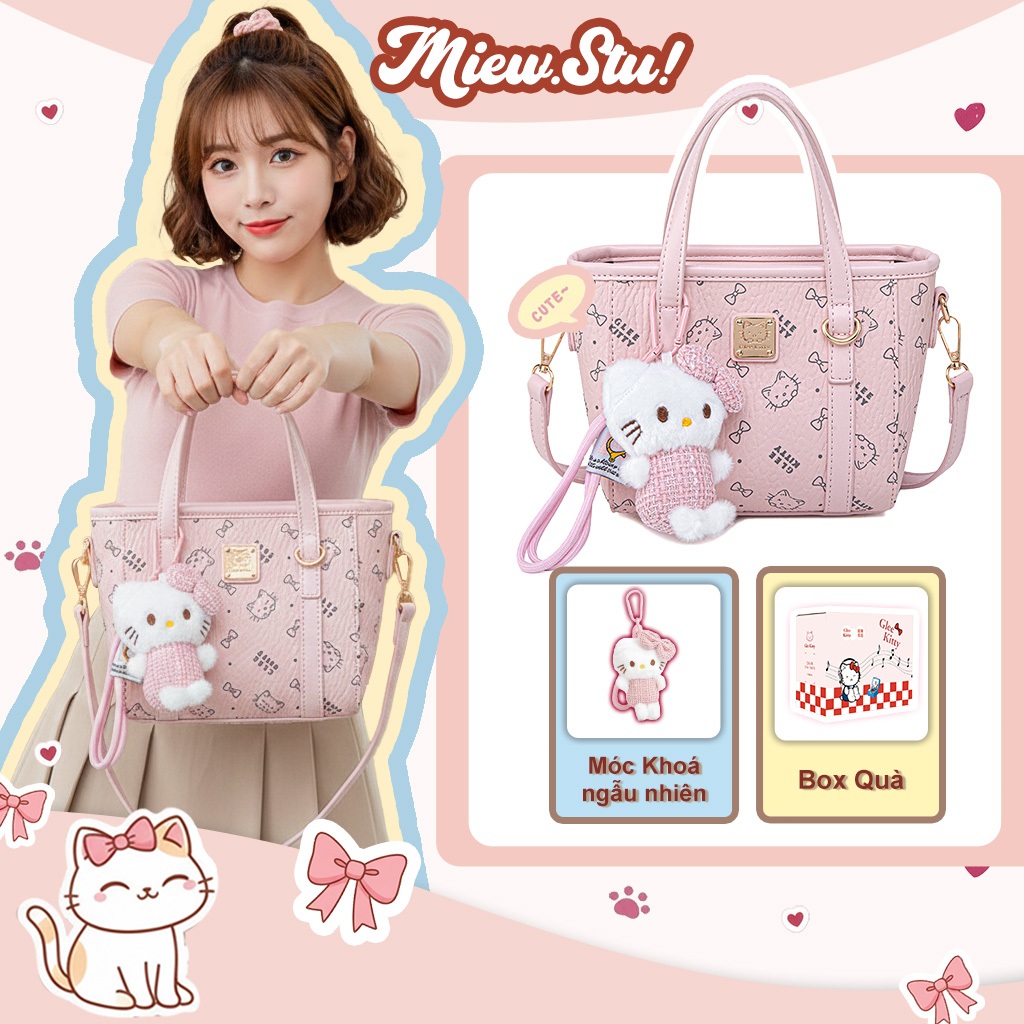 Meiw.stu Túi Xách Mini Nữ Màu Hồng Cute Glee Kitty,  Kèm Charm Gấu, Phong Cách Ngọt Ngào - XL-8009