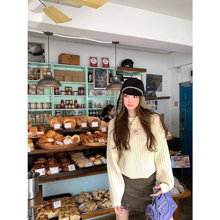 KOKONOMI Áo len len thêu dài tay hai màu