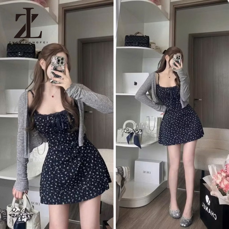 ZHELIHANGFEI Set váy Hoa nhí 2 Dây VIỀN REN mix kèm áo khoác ngoài chất thun tăm mềm mát KHÔNG ĐỆM NGỰC ko | BigBuy360 - bigbuy360.vn
