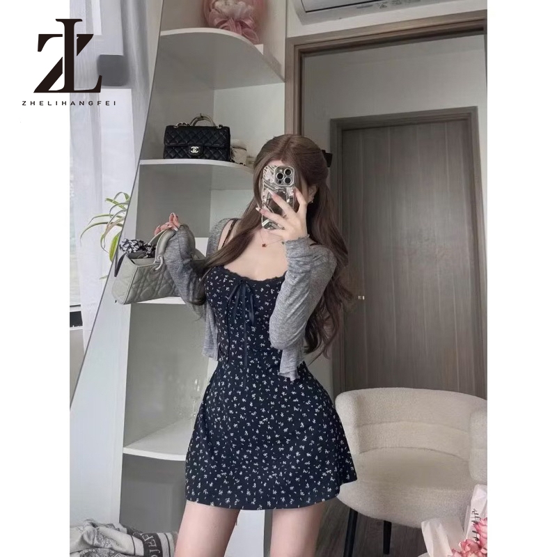 ZHELIHANGFEI Set váy Hoa nhí 2 Dây VIỀN REN mix kèm áo khoác ngoài chất thun tăm mềm mát KHÔNG ĐỆM NGỰC ko | BigBuy360 - bigbuy360.vn