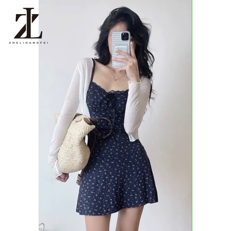 ZHELIHANGFEI Set váy Hoa nhí 2 Dây VIỀN REN mix kèm áo khoác ngoài chất thun tăm mềm mát KHÔNG ĐỆM NGỰC ko | BigBuy360 - bigbuy360.vn