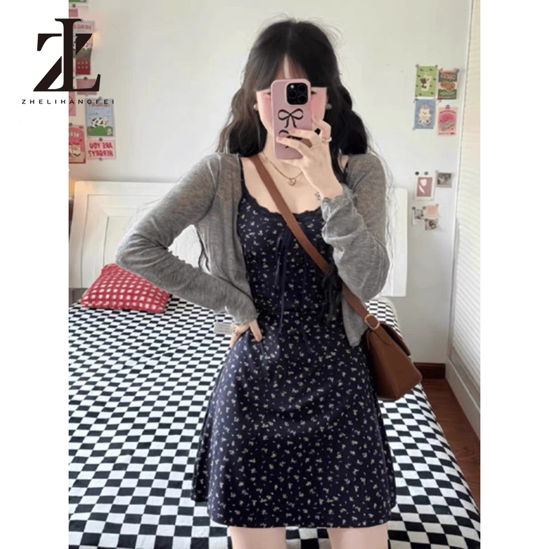 ZHELIHANGFEI Set váy Hoa nhí 2 Dây VIỀN REN mix kèm áo khoác ngoài chất thun tăm mềm mát KHÔNG ĐỆM NGỰC ko | BigBuy360 - bigbuy360.vn