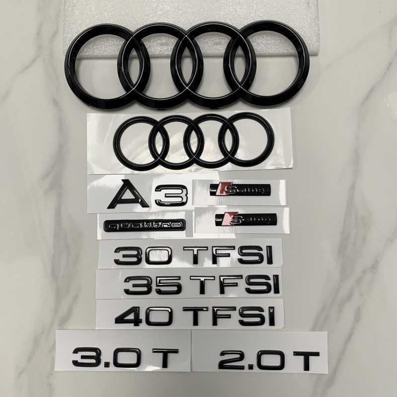 AUDI A3 4 Nhẫn Logo ABS Đen 2014-2024 Xe Hood Lưới Tản Nhiệt Phía Trước Thân Xe Biểu Tượng Huy Hiệu 