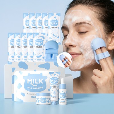 Bộ 5 món LAIKOU Milk Glow - Sữa rửa mặt, tẩy tế bào chết & nuôi dưỡng với mặt nạ lột, Kem dưỡng da mặt, Serum, Tẩy tế bào chết, Mặt nạ qua đêm