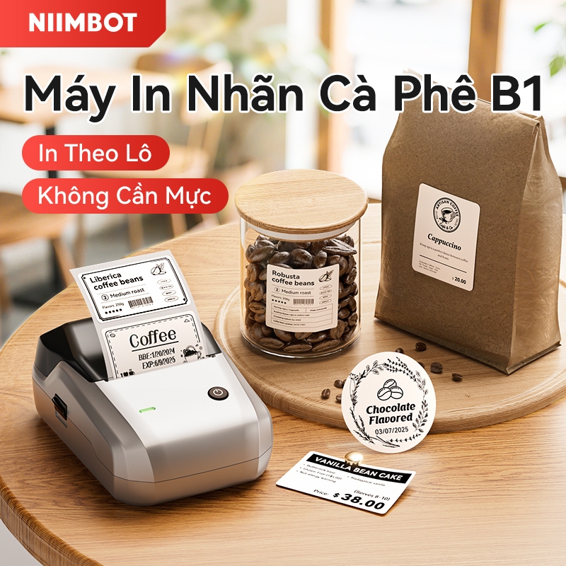 Máy in nhãn cà phê Niimbot B1 Máy làm nhãn Bluetooth Máy làm bánh thương mại Làm đẹp siêu thị Nhãn m