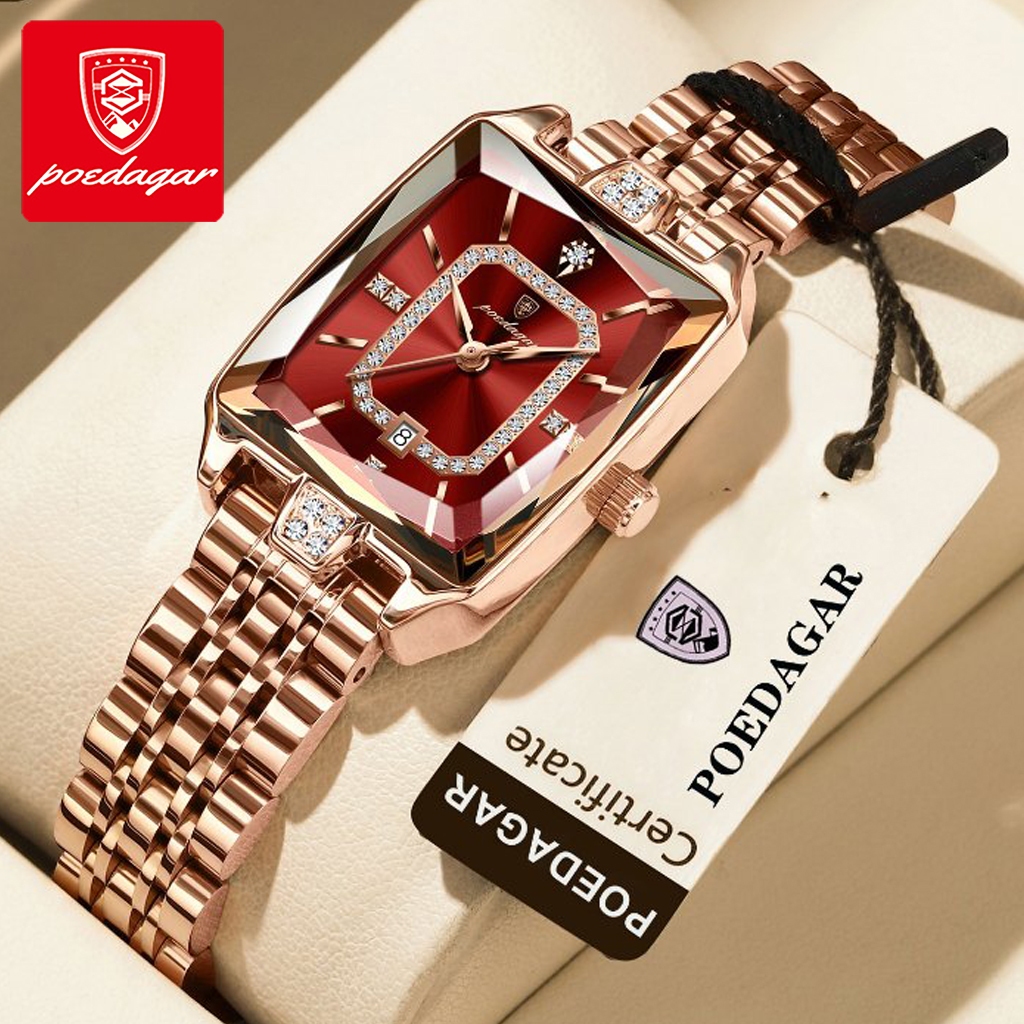 POEDAGAR  Đồng hồ chính hãng dành cho nữ, kèm kim cương, dây đeo bằng thép không gỉ, hiển thị ngày phát sáng, chống nước 100%, 785