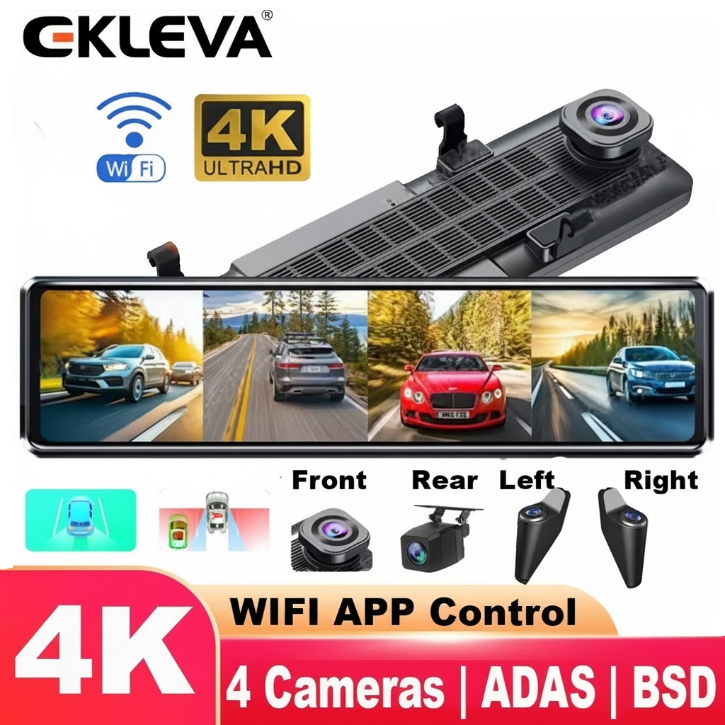 EKLEVA DVR ô tô 4K 11.26 "Gương 4 kênh Tầm nhìn ban đêm ADAS Màn hình đỗ xe 24H