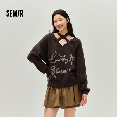 Semir Nữ - Áo Len Đan Cổ Chữ V Dây Rời Nơ Thêu, Phong Cách Mùa Đông