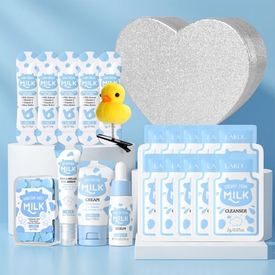 Bộ chăm sóc sữa hoàn chỉnh LAIKOU, Bộ chăm sóc da: Serum dưỡng ẩm + Kem dưỡng ẩm + Tinh chất mắt + Tấm xà phòng du lịch + Kem dưỡng da tay + Kẹp tóc vịt dễ thương trong hộp quà bạc