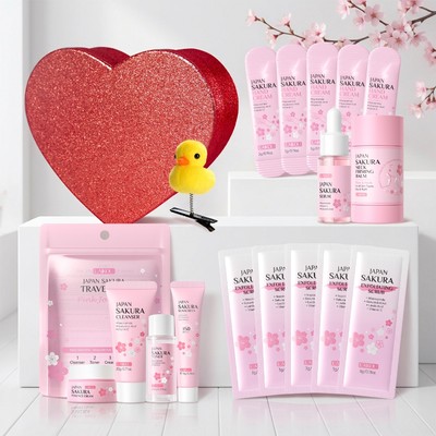 7 chiếc Sakura Beauty Kit dành cho du lịch LAIKOU Cherry Blossom Skincare-Mini Face Wash + Toner + SPF + Kem dưỡng ẩm + Que làm săn chắc cổ + Tinh chất + Mặt nạ cầm tay + Hộp quà tặng