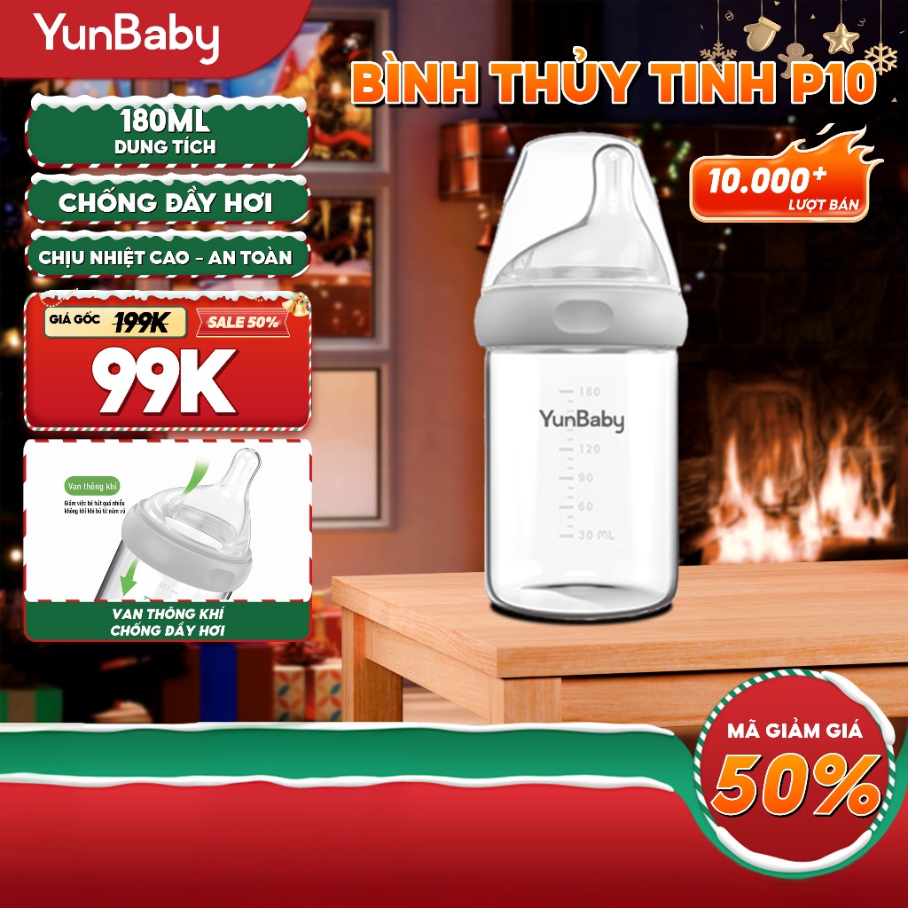 【SALE 12/12】Bình sữa Thủy Tinh Yunbaby 180ml Sơ Sinh Bình Bú Sữa Chống đầy hơi Cổ rộng Dễ vệ sinh