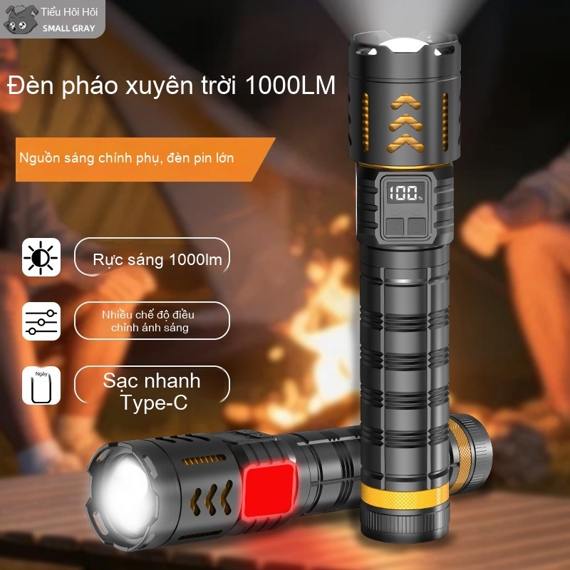 Đèn pin lớn kim loại nguyên chất có thể thu gọn,zoom xa, tuổi thọ pin 7000mAh, ánh sáng mạnh