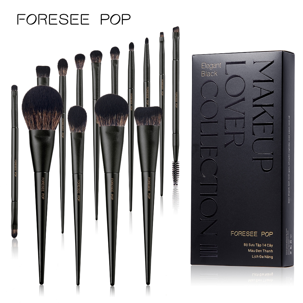 Bộ cọ trang điểm FORESEE POP 14 chiếc – Kem nền Kabuki đen, Đường viền, Kem che khuyết điểm, Phấn & 