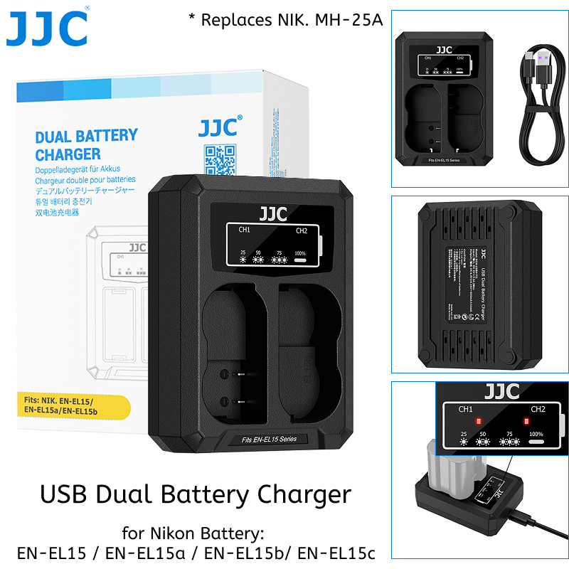 Bộ sạc pin kép JJC EN-EL15c cho pin EN-EL15b EN-EL15a EN-EL15 của Nikon ZR Zf Z5 Z5II Z6 Z6II Z6III 