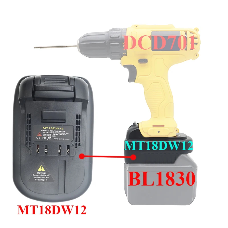Bộ chuyển đổi pin MT18DW12 cho pin Li-ion Makita 18V được chuyển đổi thành pin DeWalt 12V cho dụng c