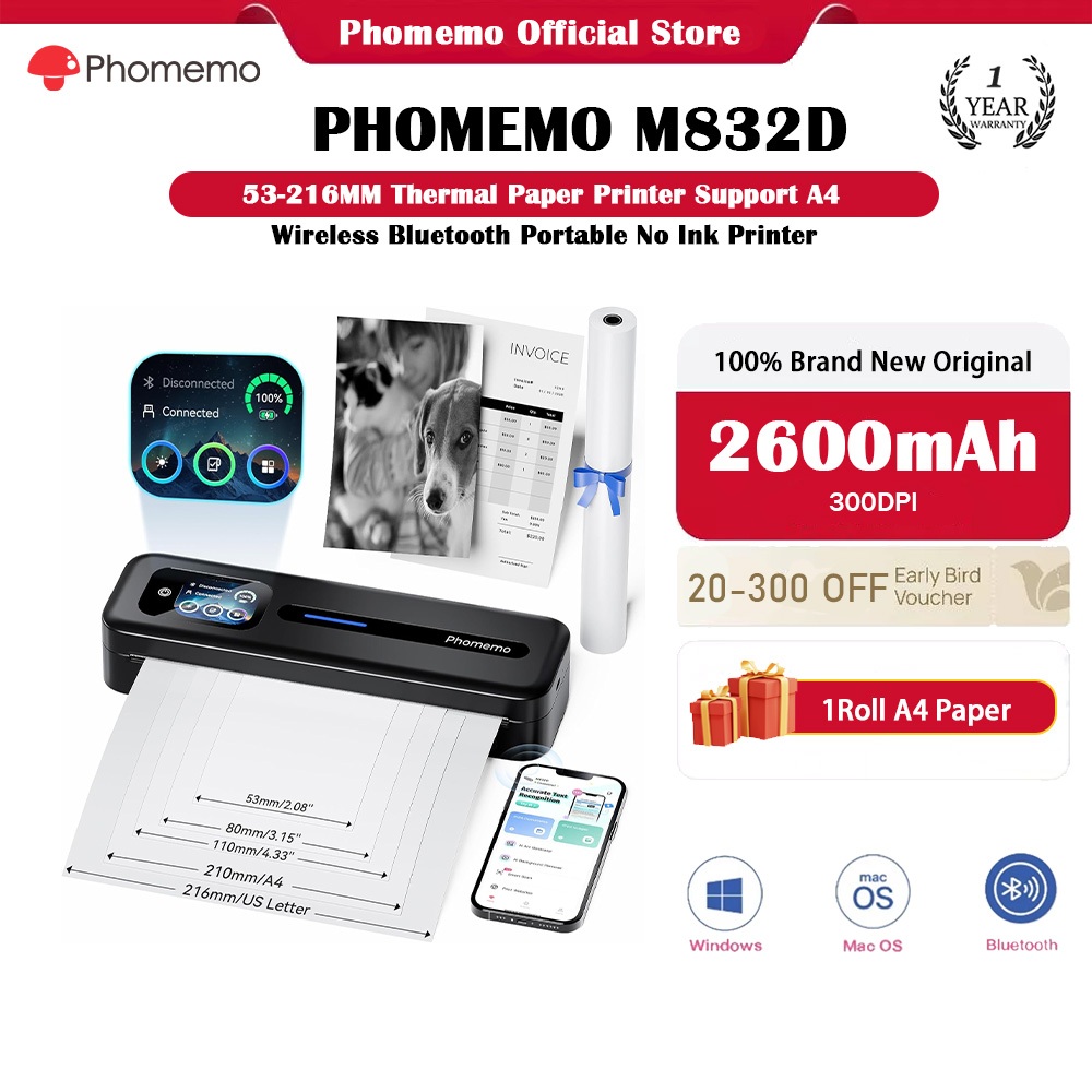 Phomemo M832D Máy in A4 di động nâng cấp có màn hình cảm ứng, Máy in không mực nhiệt không dây Bluet