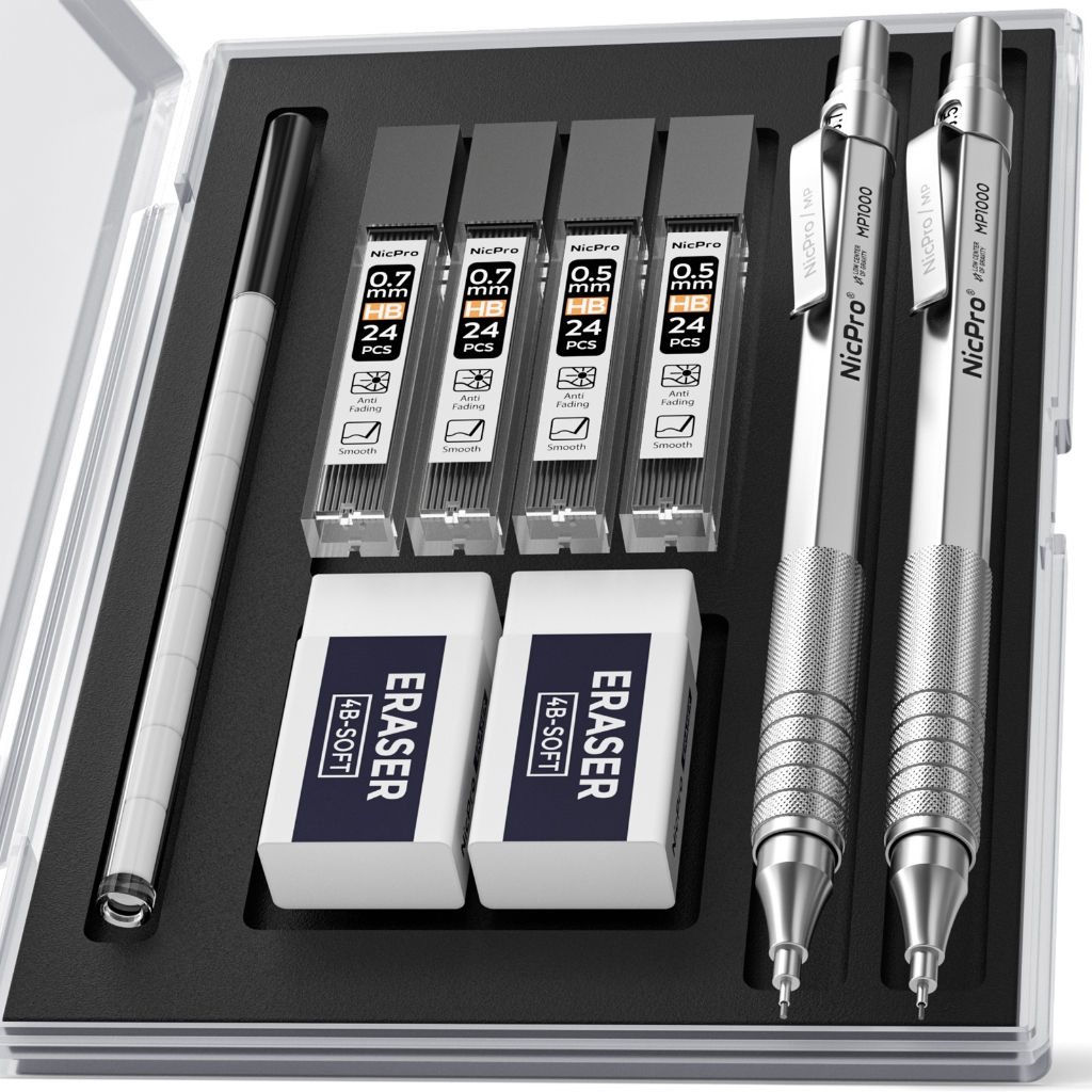 Bộ bút chì cơ 2 chiếc Nicpro, Bút chì soạn thảo kim loại Bút chì cơ 0,5 & 0,7 mm với 6 ống chì HB, 3