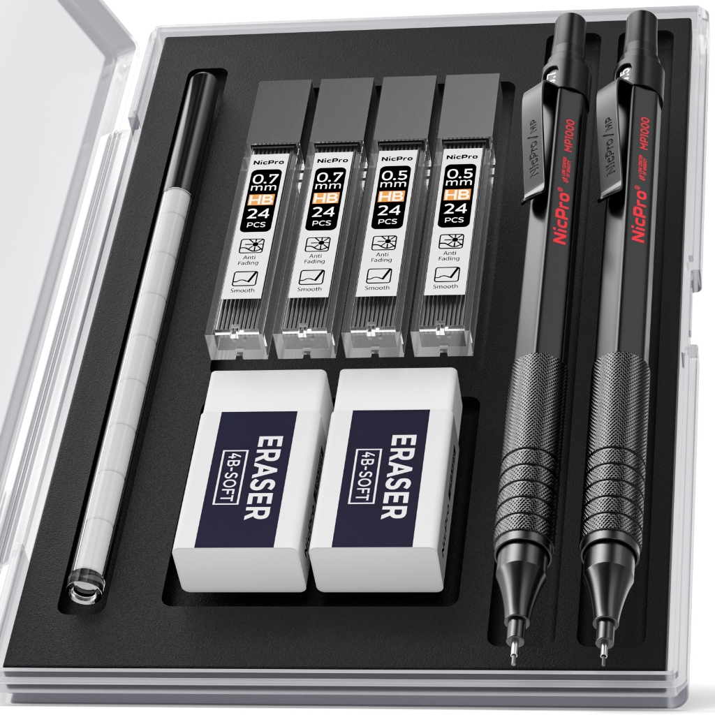 Nicpro 2 Chiếc Bút Chì Cơ 0.5mm & 0.7 mm Có Vỏ, Bộ Bút Chì Nghệ Sĩ Kim Loại MP1000 Với 4 Ống HB Chì Refills, 2 Tẩy, 9 Tẩy Đổ Lại Để Viết Nghệ Thuật Soạn Thảo, Vẽ,