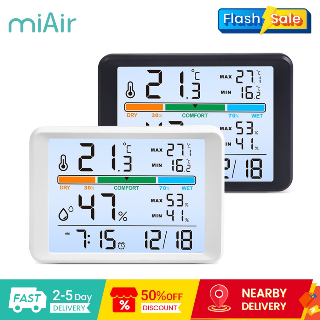 Đồng hồ nhiệt độ và độ ẩm đa chức năng MiAir có đèn nền chăm sóc mắt Màn hình tất cả trong một