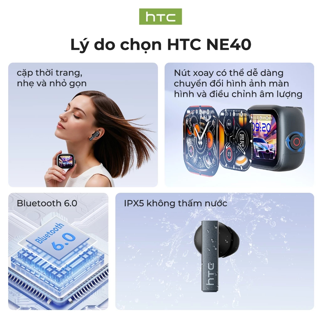 Bảo hành một năm HTC NE40 AI Dịch thuật thời gian thực Tai nghe BluetoothTWS Bluetooth 6.0 Chất lượng âm thanh HiFi IPX5 Tai nghe không dây chống nước | BigBuy360 - bigbuy360.vn